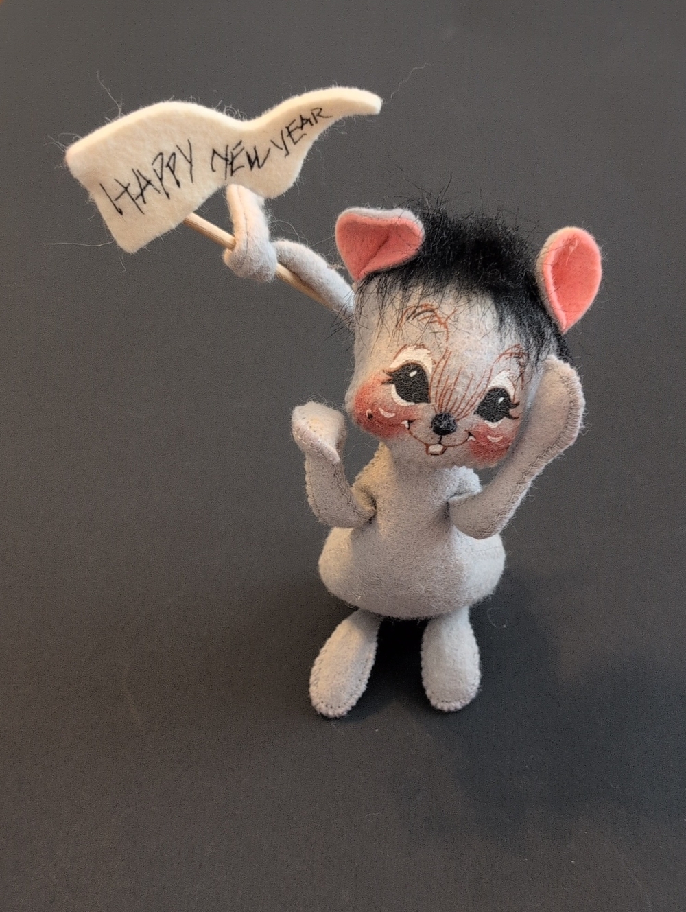 Annalee Gray Felt Mouse Figurine with Pink Ears - Happy New Year Flag